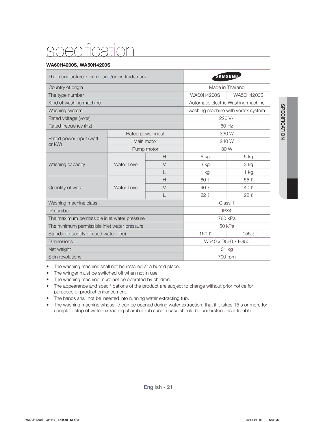 Samsung WA60H4200SW/YL, WA50H4200SW/YL manual Speciﬁ cation, WA60H4200S, WA50H4200S 