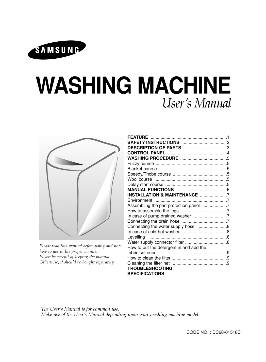 Samsung WA80K2Q1EW/YOS, WA70B7Q1DW/YL, WA80K2S1FY/YL manual Installation & Maintenance, Troubleshooting Specifications 