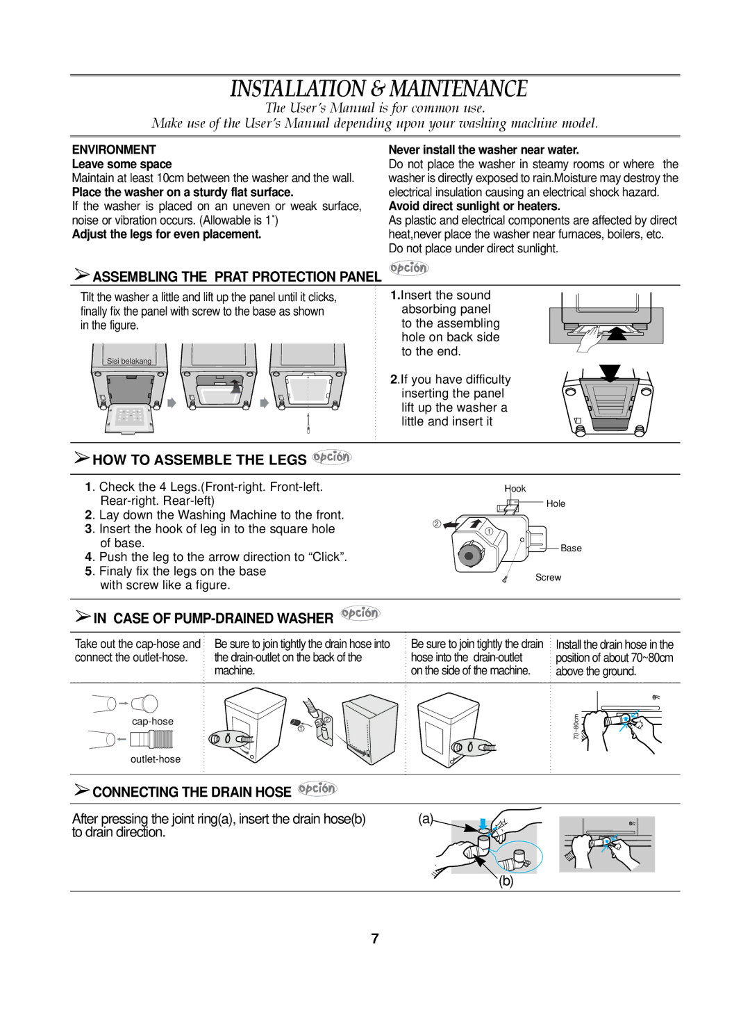 Samsung WA70K2P1FW/YL manual Installation & Maintenance, Assembling the Prat Protection Panel, HOW to Assemble the Legs 