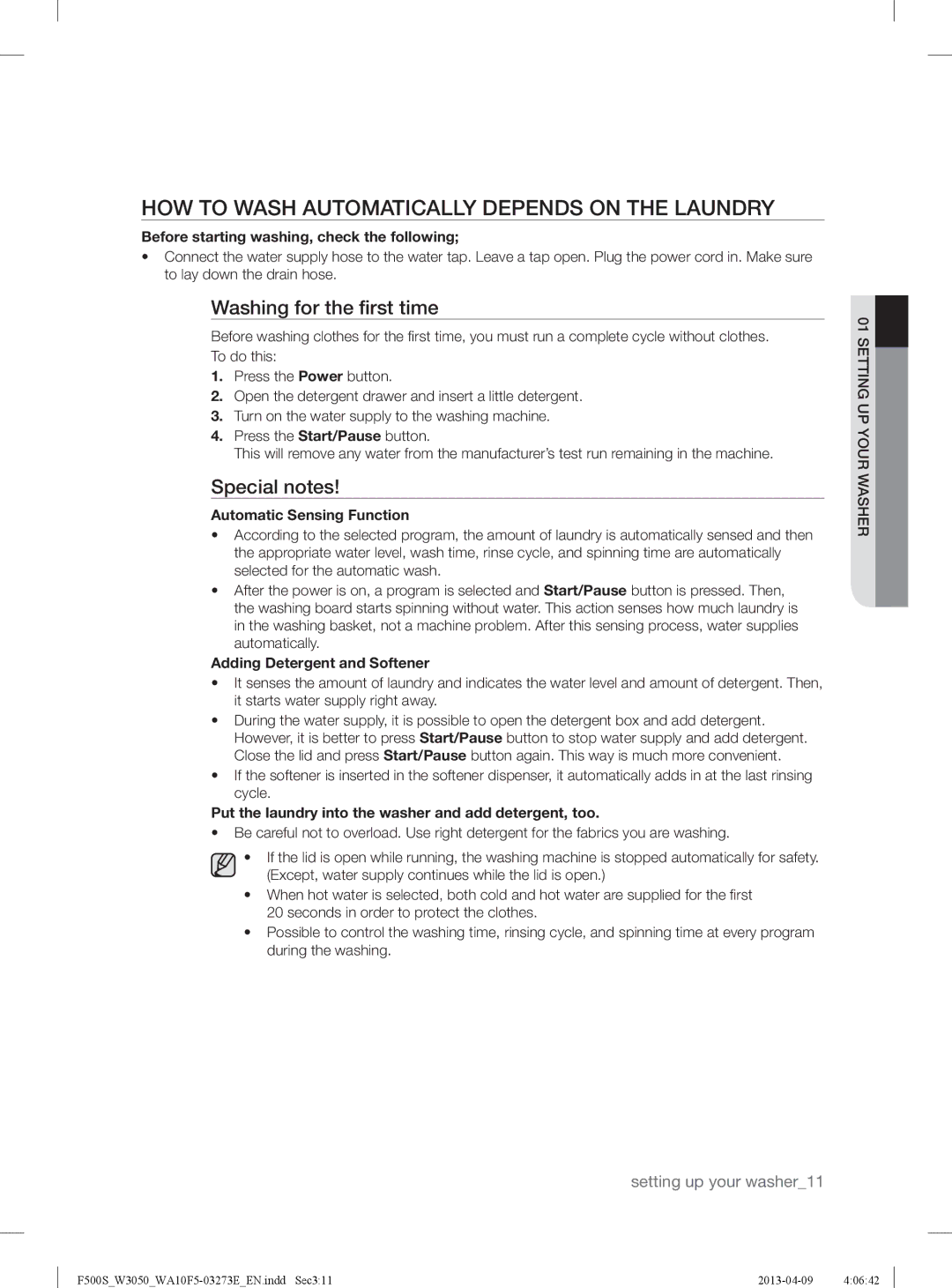 Samsung WA80F5S2UWW/YL HOW to Wash Automatically Depends on the Laundry, Before starting washing, check the following 