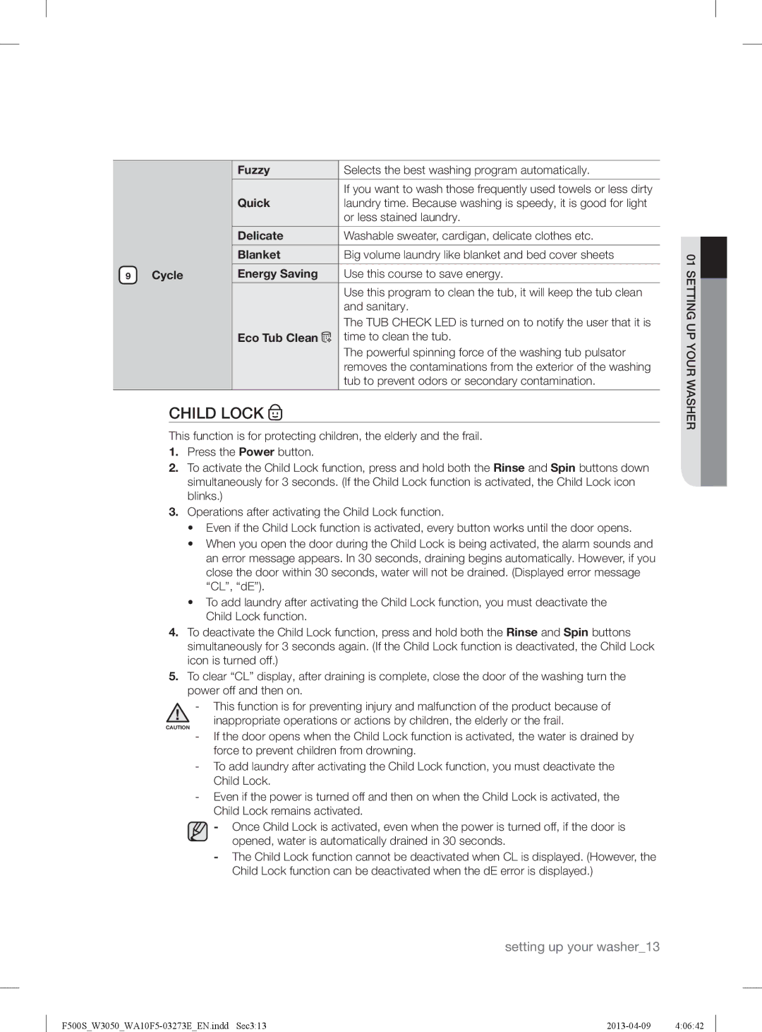 Samsung WA80F5S2UWW/YL, WA70F5S2UWW/YL manual Fuzzy, Quick, Delicate, Blanket, Cycle Energy Saving, Eco Tub Clean 