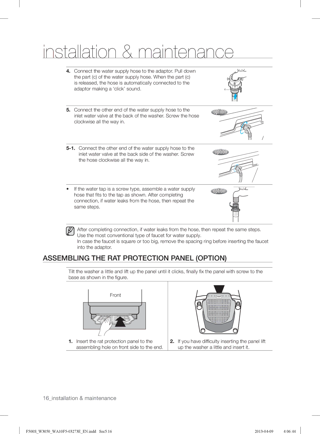 Samsung WA70F5S2UWW/YL, WA80F5S2UWW/YL manual Assembling the RAT Protection Panel Option 