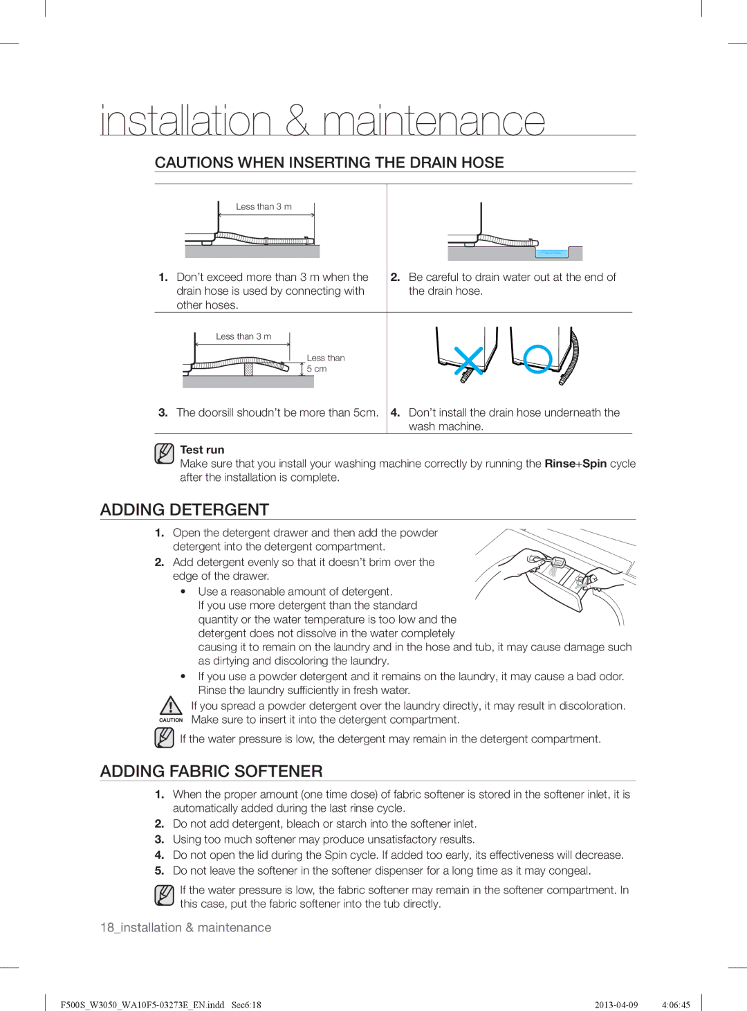 Samsung WA70F5S2UWW/YL, WA80F5S2UWW/YL manual Adding Detergent, Adding Fabric Softener, Other hoses, Test run 