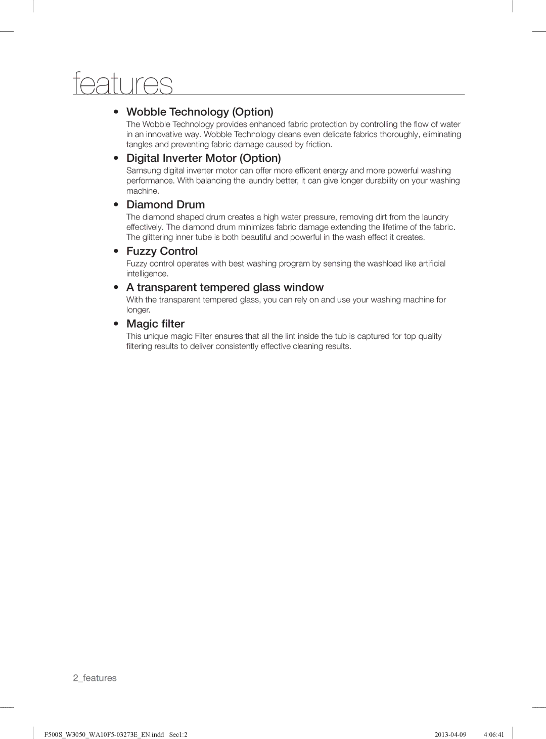 Samsung WA70F5S2UWW/YL, WA80F5S2UWW/YL manual Features, Wobble Technology Option 