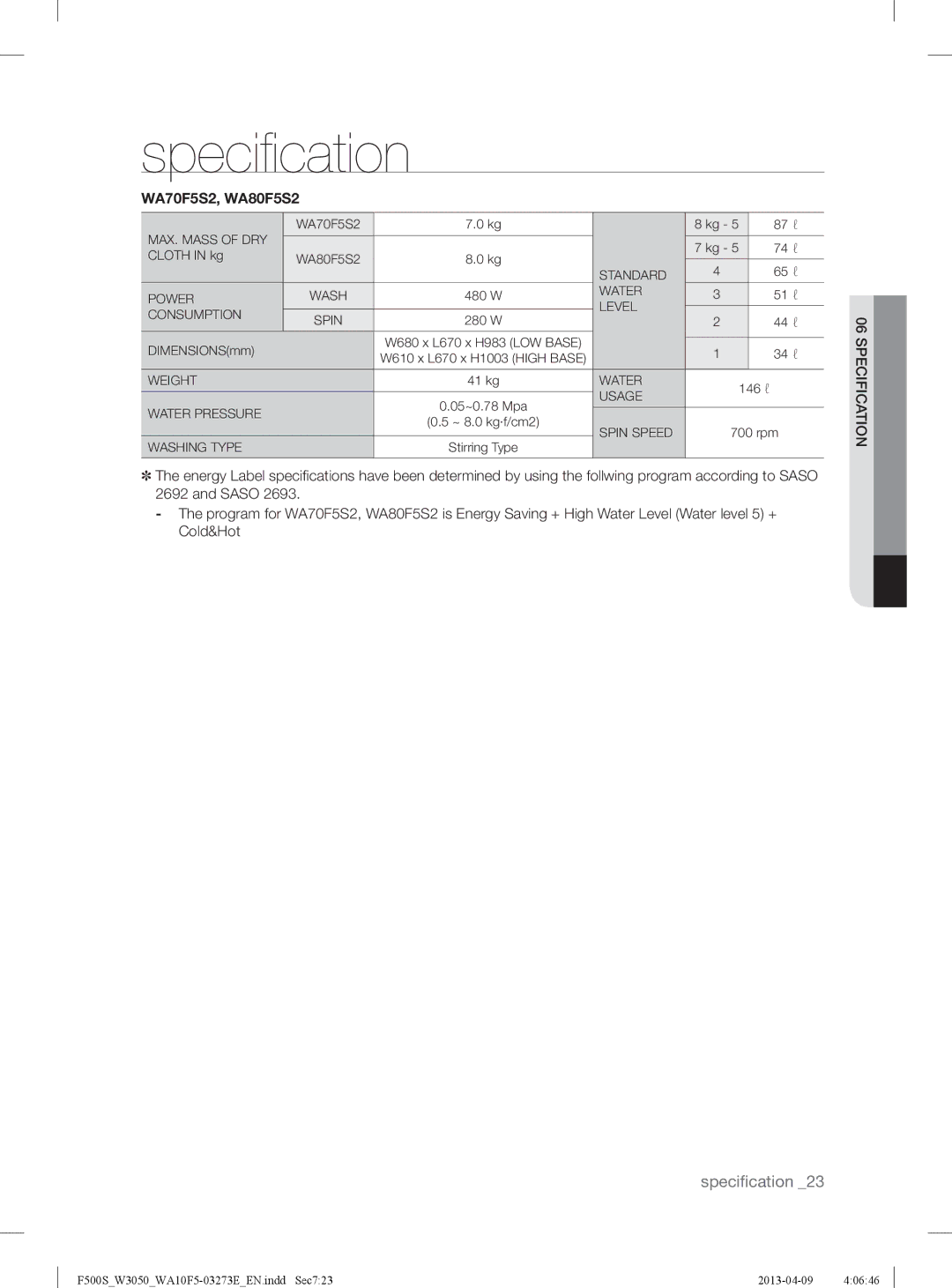 Samsung WA80F5S2UWW/YL, WA70F5S2UWW/YL manual Speciﬁ cation, WA70F5S2, WA80F5S2 