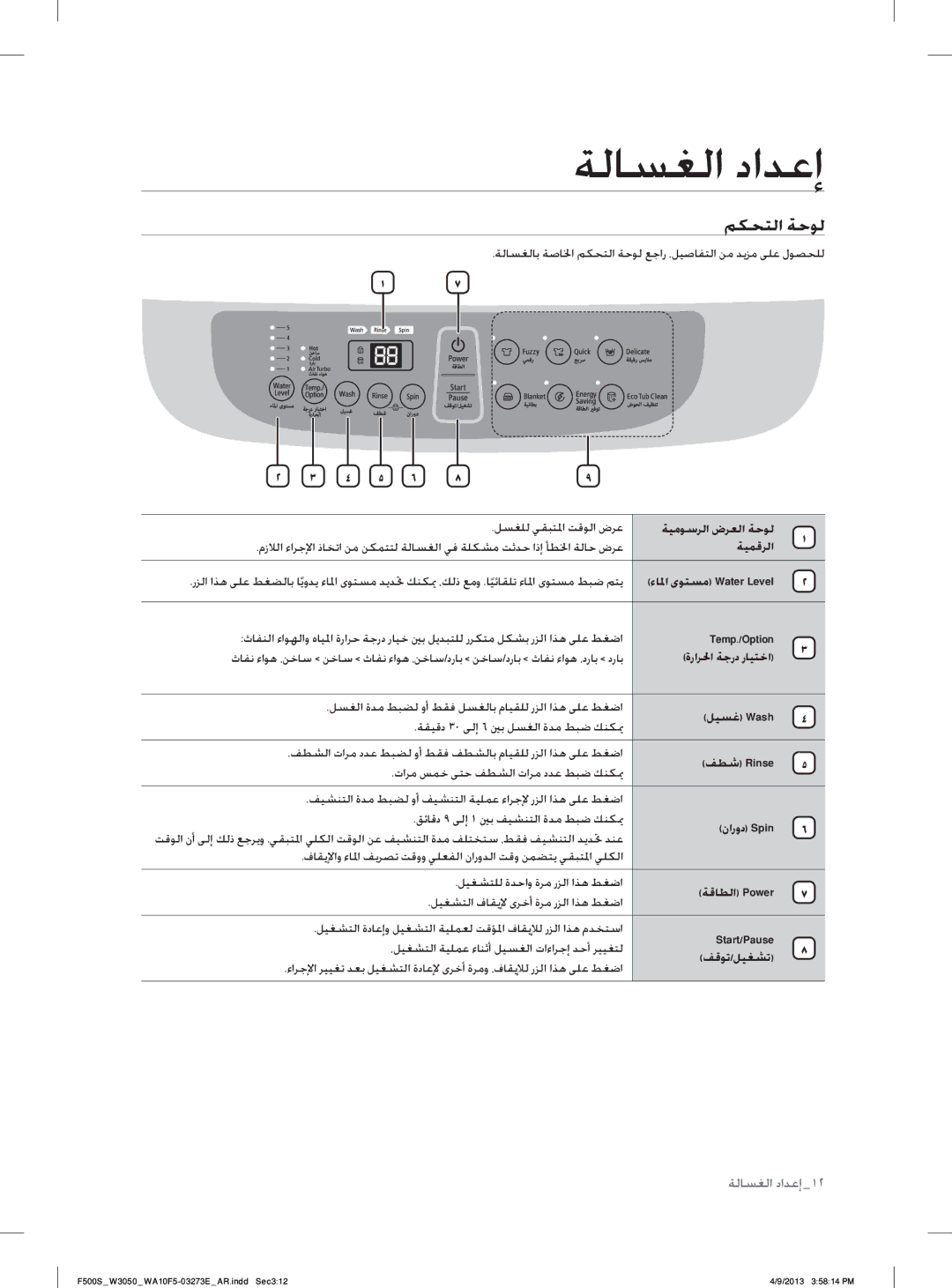 Samsung WA70F5S2UWW/YL, WA80F5S2UWW/YL manual ﻢﻜﺤﺘﻟﺍ ﺔﺣﻮﻟ 