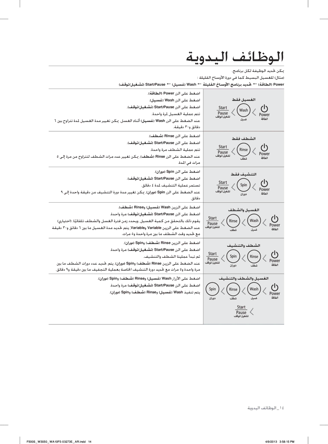 Samsung WA70F5S2UWW/YL, WA80F5S2UWW/YL manual ﺔﻳﻭﺪﻴﻟﺍ ﻒﺋﺎﻇﻮﻟﺍ, ﺞﻣﺎﻧﺮﺑ ﻞﻜﻟ ﺔﻔﻴﻇﻮﻟﺍ ﺪﻳﺪﲢ ﻦﻜﳝ 