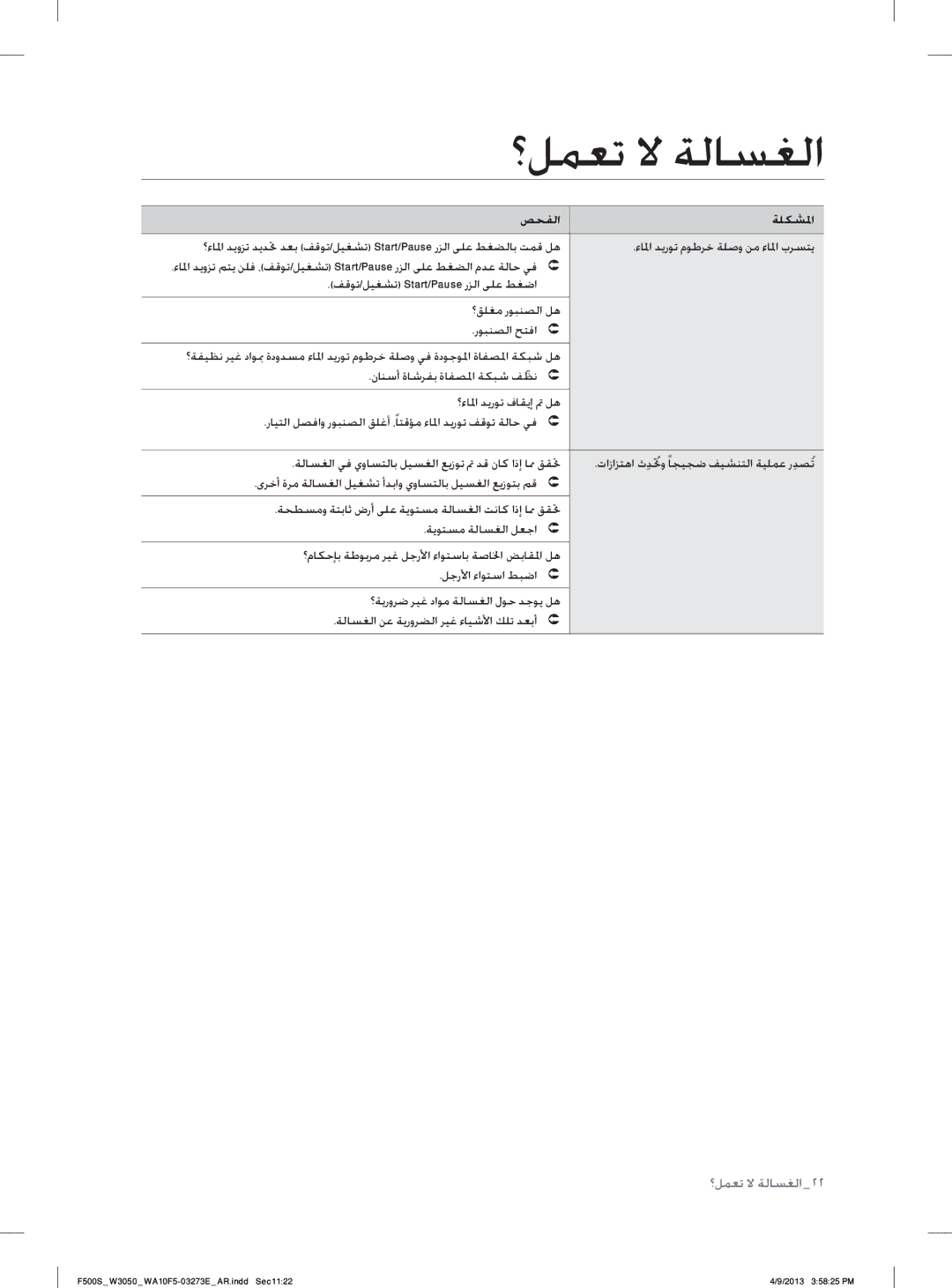 Samsung WA70F5S2UWW/YL, WA80F5S2UWW/YL manual ؟ﻞﻤﻌﺗ ﻻ ﺔﻟﺎﺴﻐﻟﺍ٢٢ 