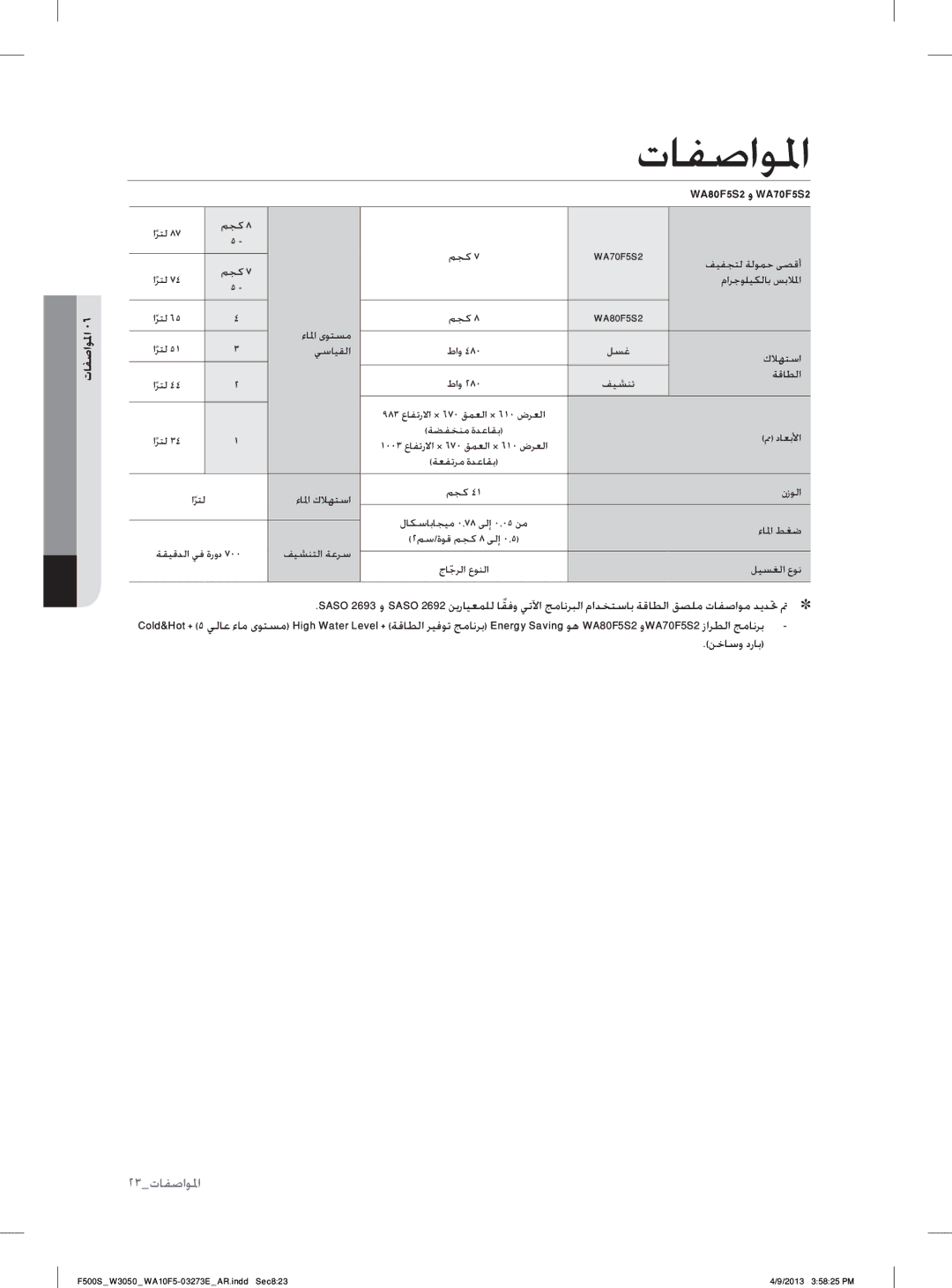 Samsung WA80F5S2UWW/YL, WA70F5S2UWW/YL manual ﺕﺎﻔﺻﺍﻮﳌﺍ, ﻦﺧﺎﺳﻭ ﺩﺭﺎﺑ 