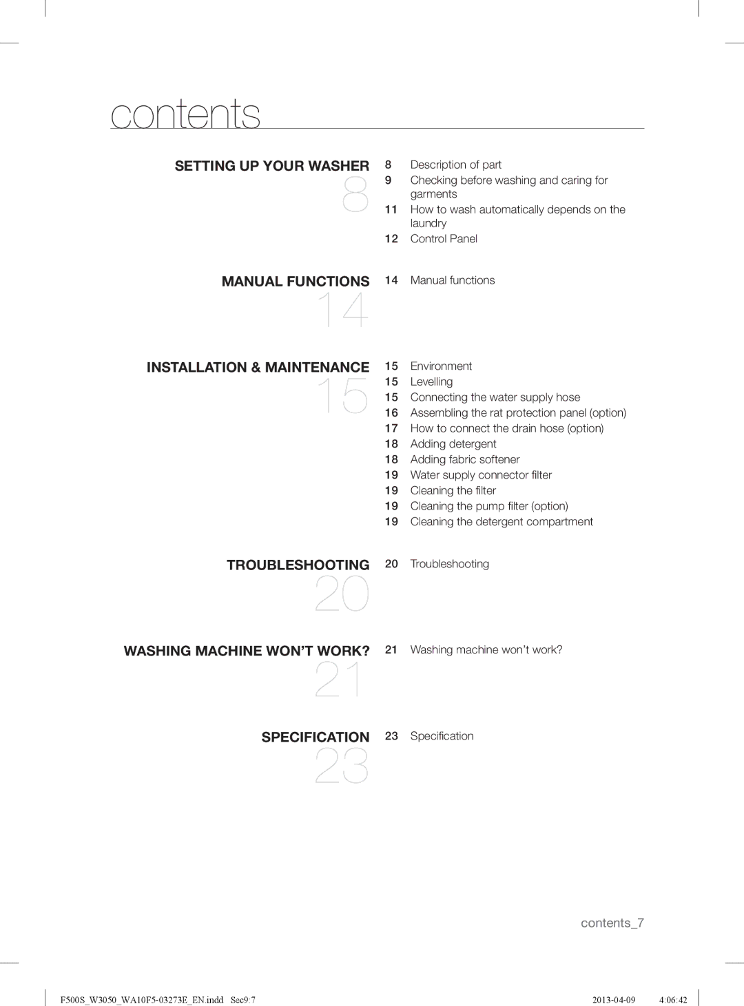 Samsung WA80F5S2UWW/YL, WA70F5S2UWW/YL manual Contents 