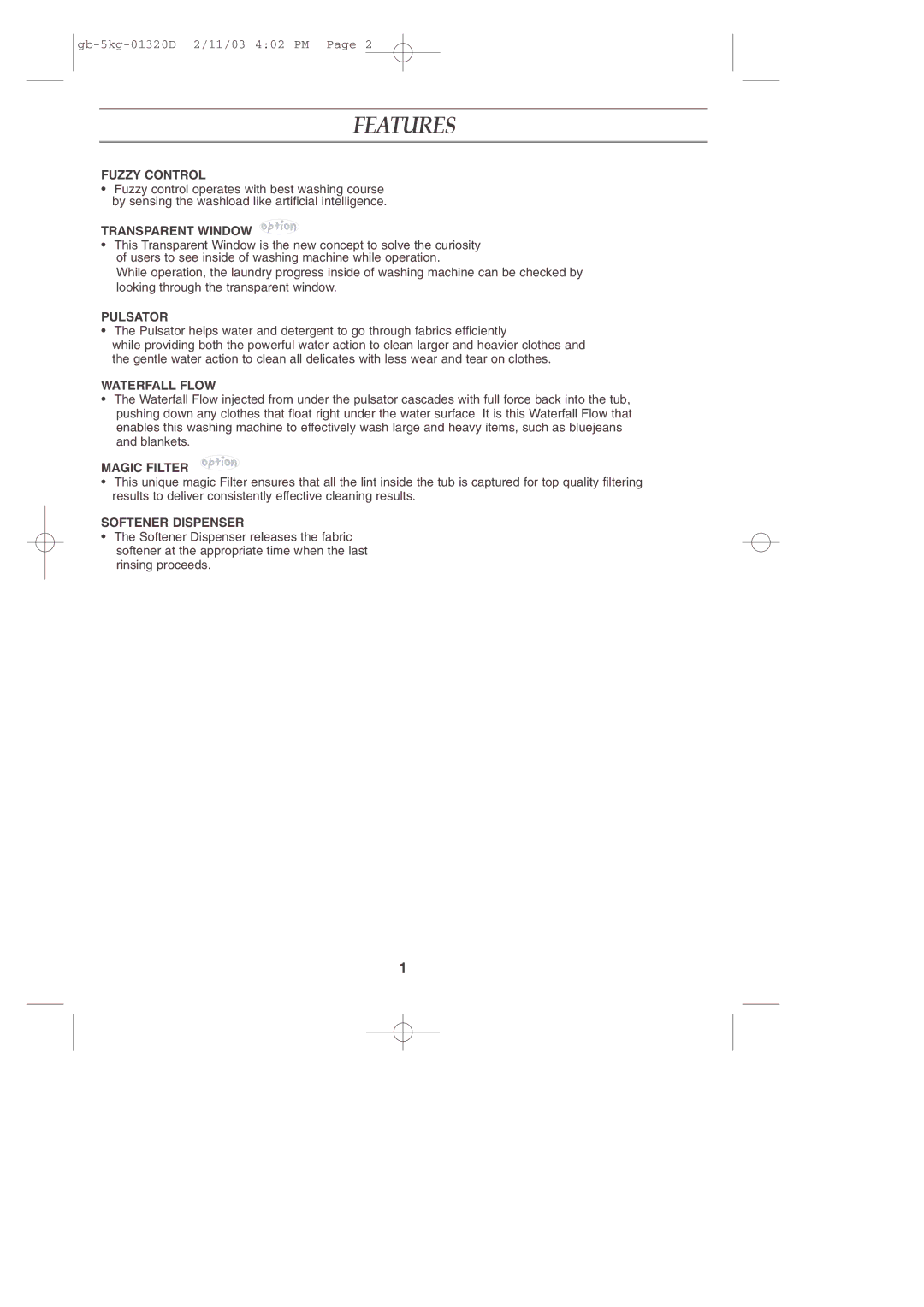 Samsung WA70K2P user manual Features 