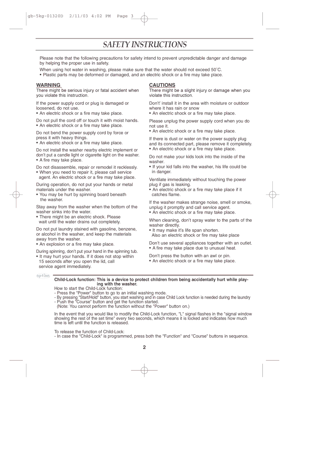 Samsung WA70K2P user manual Safety Instructions 