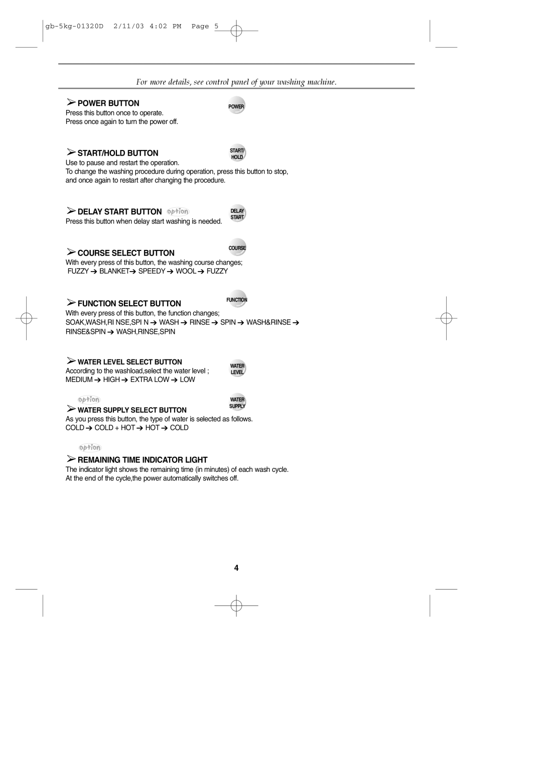 Samsung WA70K2P Power Button, START/HOLD Button, Delay Start Button, Course Select Button, Function Select Button 