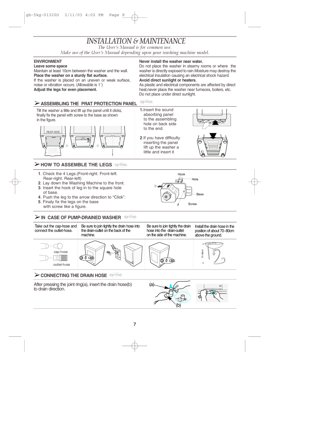 Samsung WA70K2P user manual Installation & Maintenance, Assembling the Prat Protection Panel, HOW to Assemble the Legs 