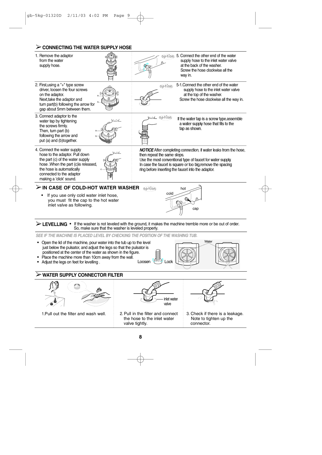 Samsung WA70K2P user manual Connecting the Water Supply Hose, Case of COLD-HOT Water Washer, Water Supply Connector Filter 