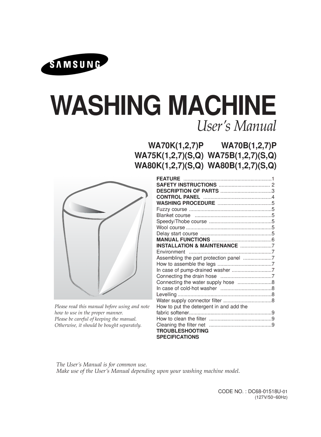 Samsung WA70K2P1FW/YL, WA70K2P1EW/XSG, WA70K2P1DW/YL manual Installation & Maintenance, Troubleshooting Specifications 