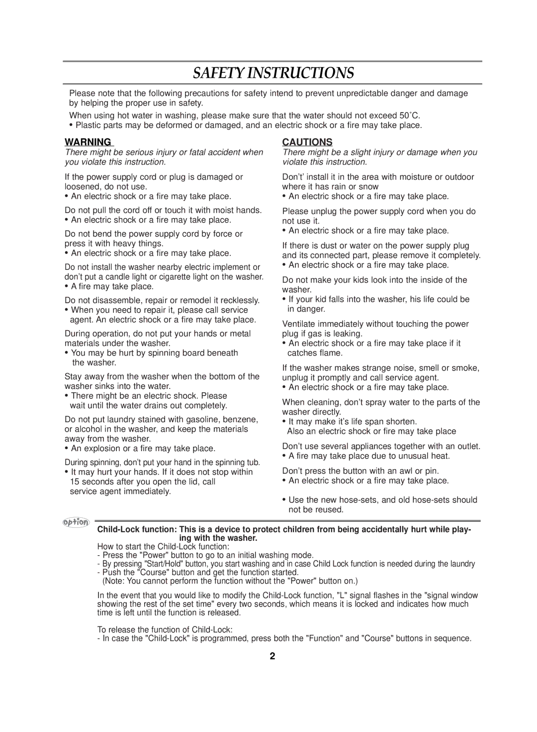 Samsung WA80K2Q1DW/YL, WA70K2P1EW/XSG, WA70K2P1FW/YL, WA70K2P1DW/YL, WA80K2Q1FW/YL manual Safety Instructions 