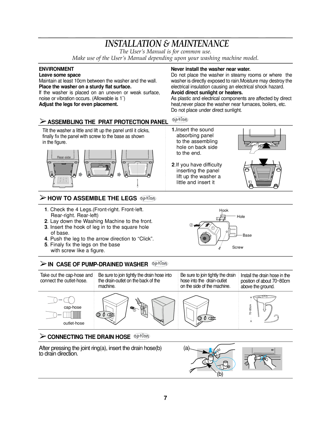 Samsung WA80K2Q1DW/YL manual Installation & Maintenance, Assembling the Prat Protection Panel, HOW to Assemble the Legs 