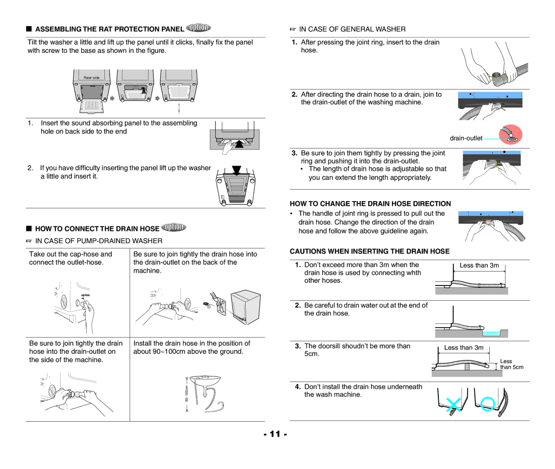 Samsung WA80R3 Assembling the RAT Protection Panel, HOW to Connect the Drain Hose, HOW to Change the Drain Hose Direction 