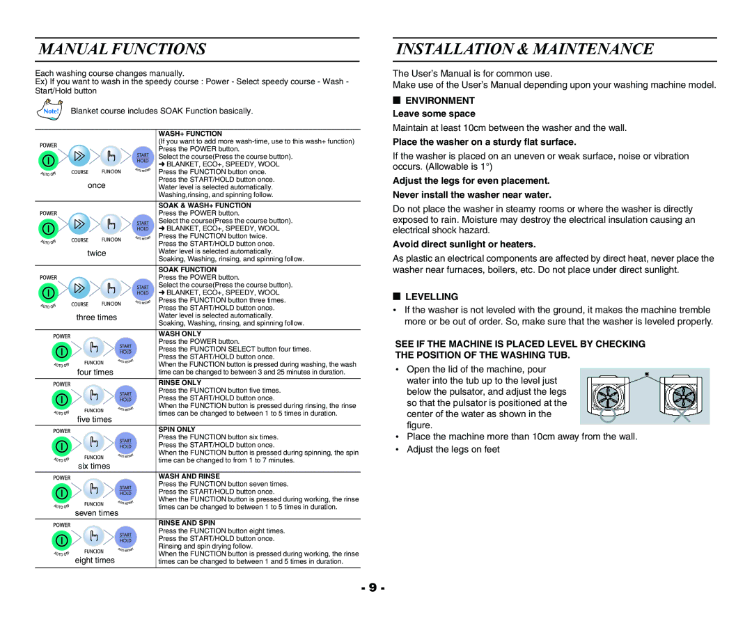 Samsung WA80R3, WA70R3 Manual Functions, Installation & Maintenance, Place the washer on a sturdy flat surface, Levelling 