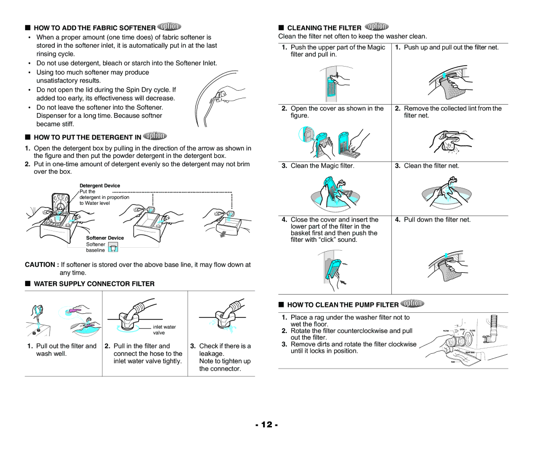 Samsung WA80R3Q3DW/YL manual HOW to ADD the Fabric Softener, HOW to PUT the Detergent, HOW to Clean the Pump Filter 