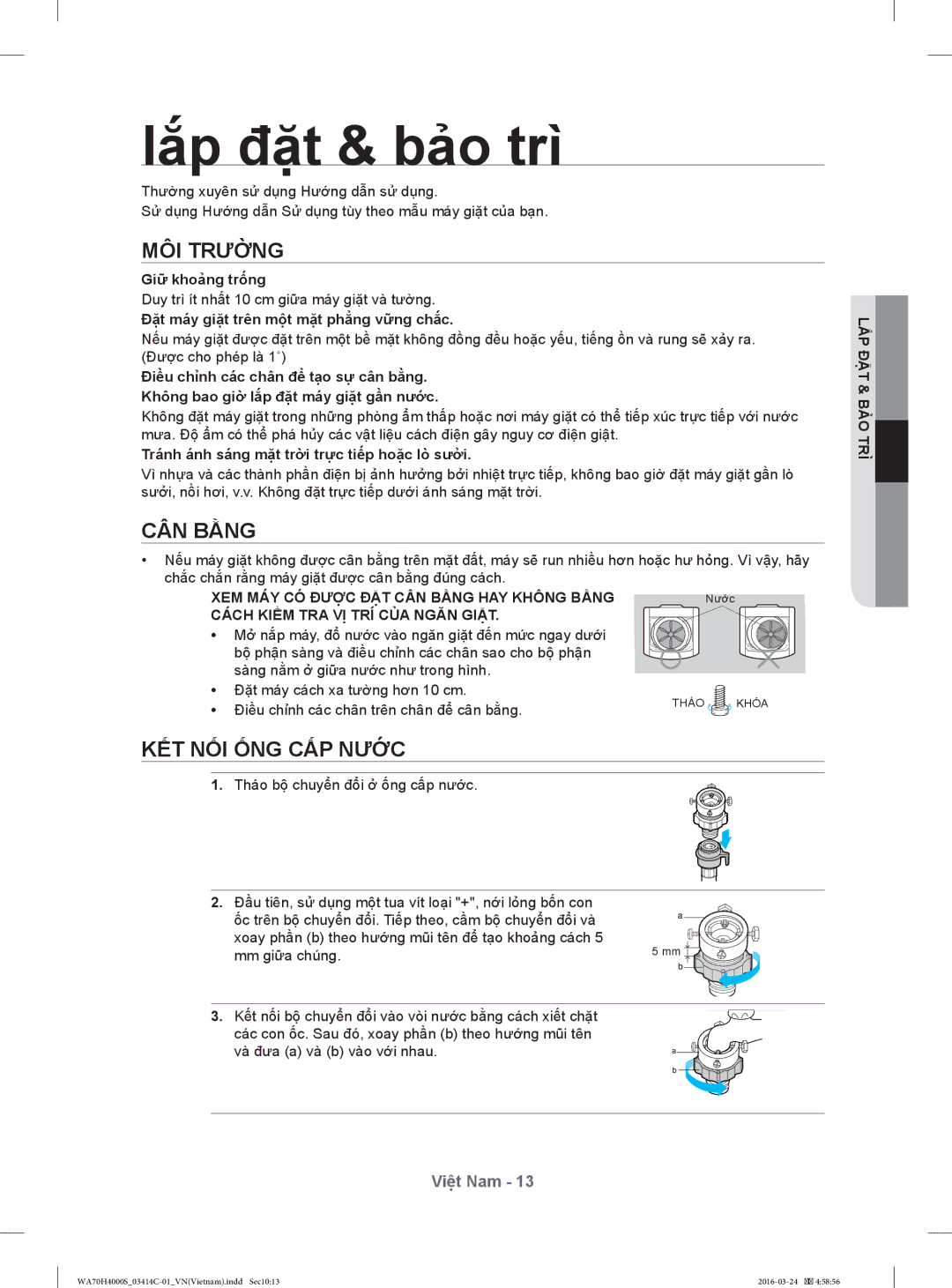 Samsung WA80H4000SW/SV, WA72H4000SG/SV, WA72H4000SW/SV manual Lắp đặt & bảo trì, MÔI Trường, CÂN Bằng, KẾT NỐI ỐNG CẤP Nước 