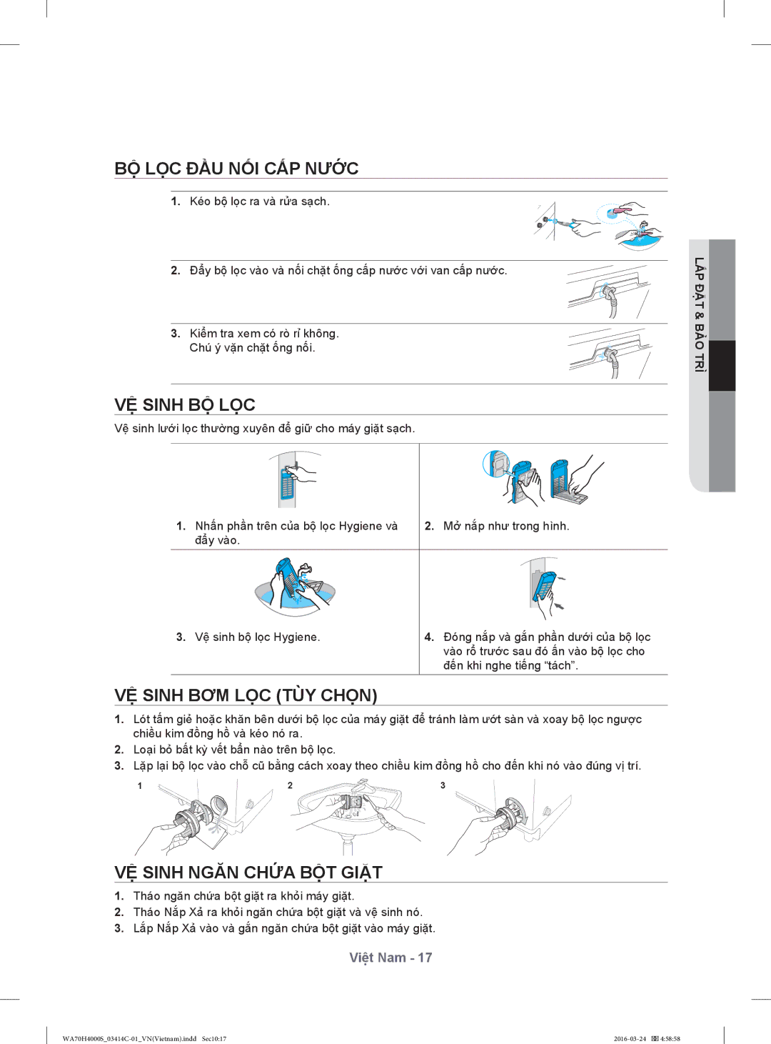 Samsung WA82H4200SW1SV manual BỘ LỌC ĐẦU NỐI CẤP Nước, VỆ Sinh BỘ LỌC, VỆ Sinh BƠM LỌC TÙY Chọn, VỆ Sinh Ngăn Chứa BỘT Giặt 