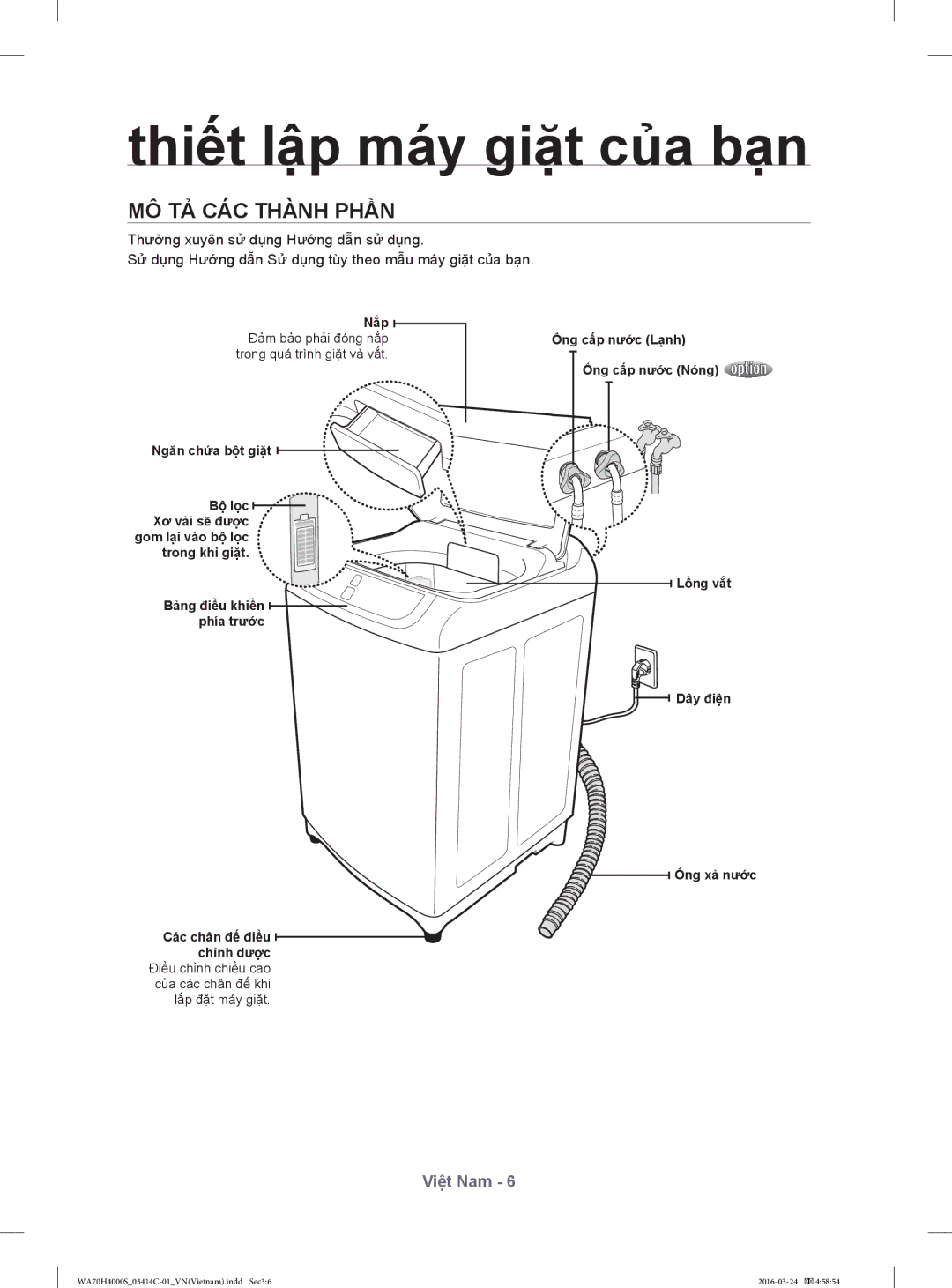 Samsung WA80H4000SG1SV manual Thiết lập máy giặt của bạn, MÔ TẢ CÁC Thành Phần, Thường xuyên sử dụng Hướng dẫn sử dụng 