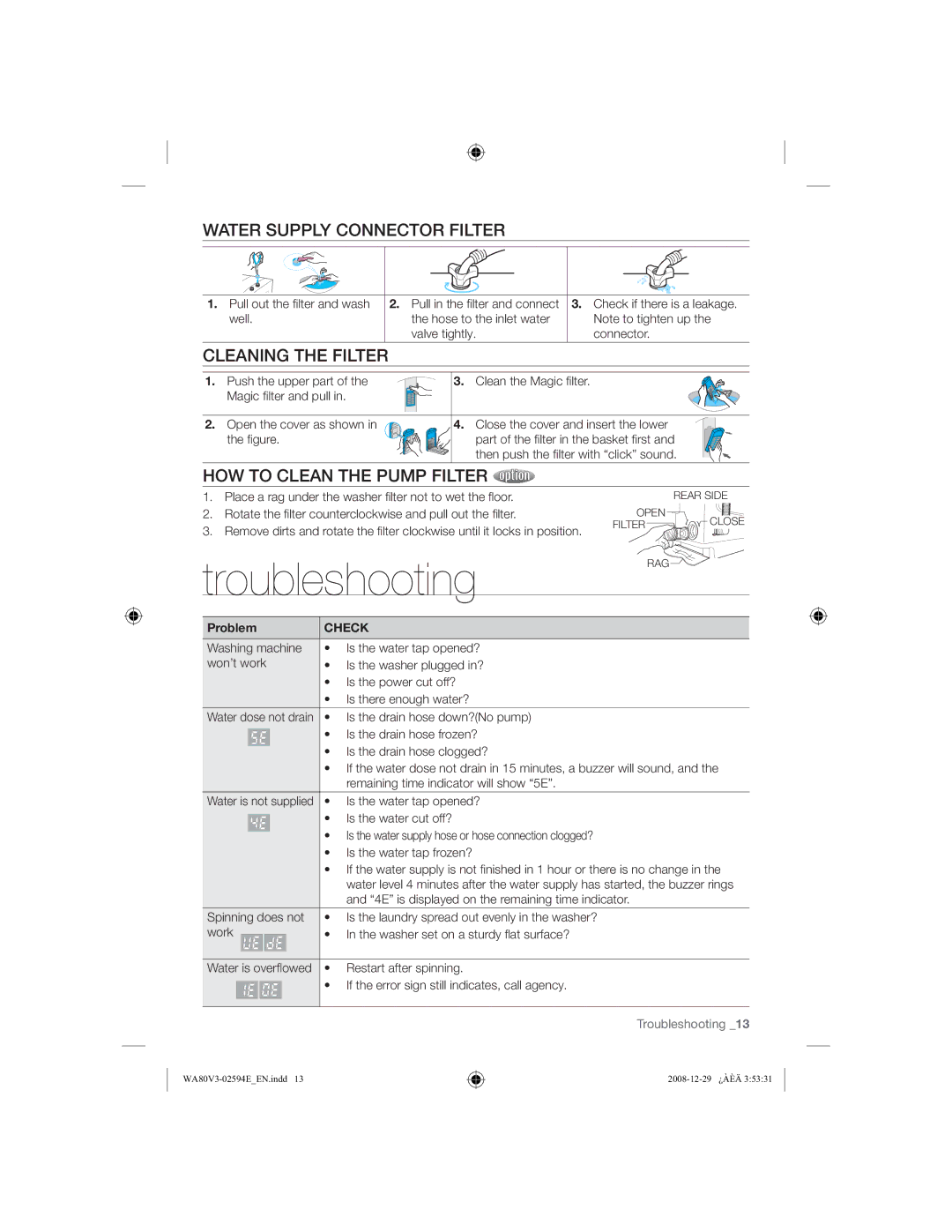 Samsung WA90V3WFP/YL, WA80V3WFP/YL manual $756833/&211&725,/75, $1,1*7+,/75, +272&/$17+3803,/75 