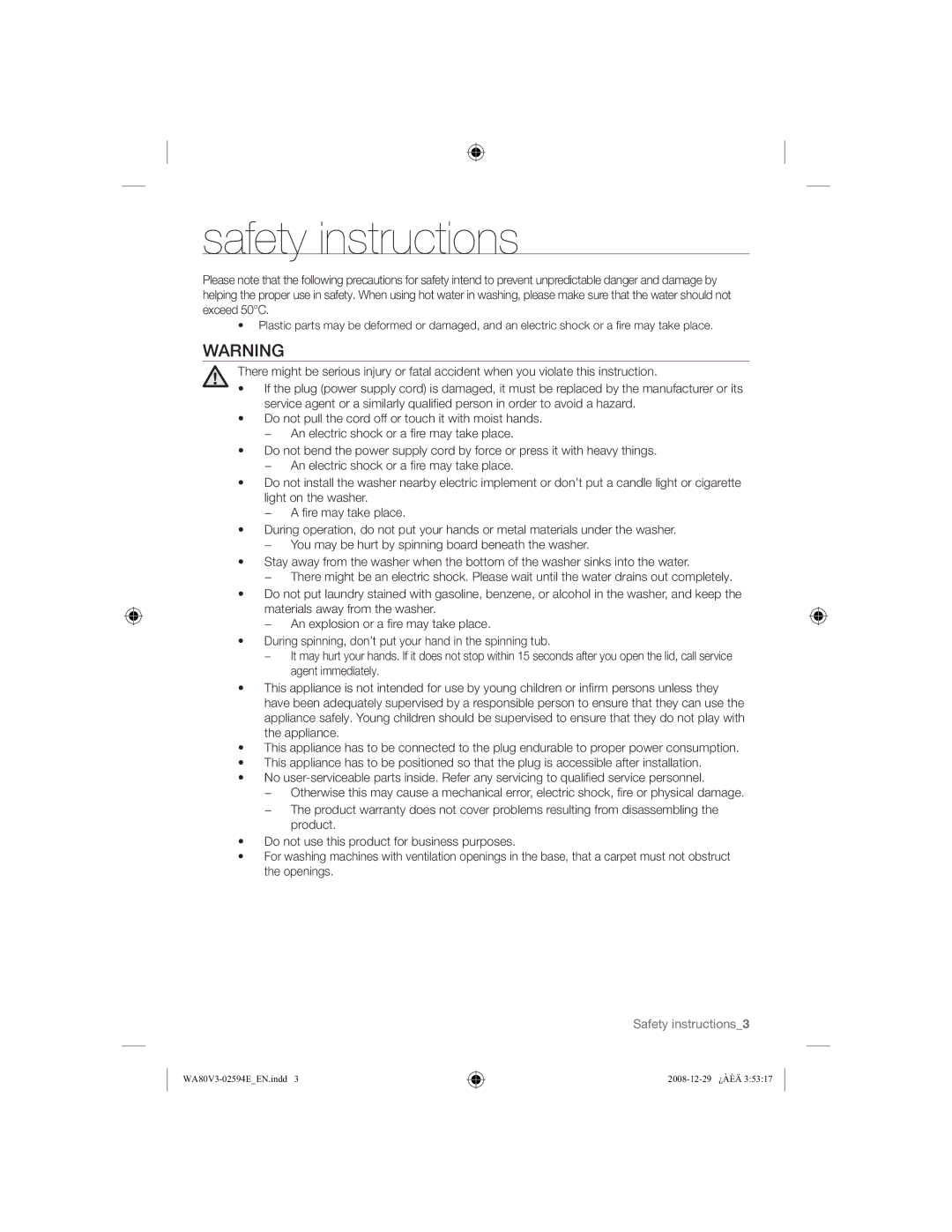 Samsung WA90V3WFP/YL, WA80V3WFP/YL manual Vdihw\Lqvwuxfwlrqv, $51,1 