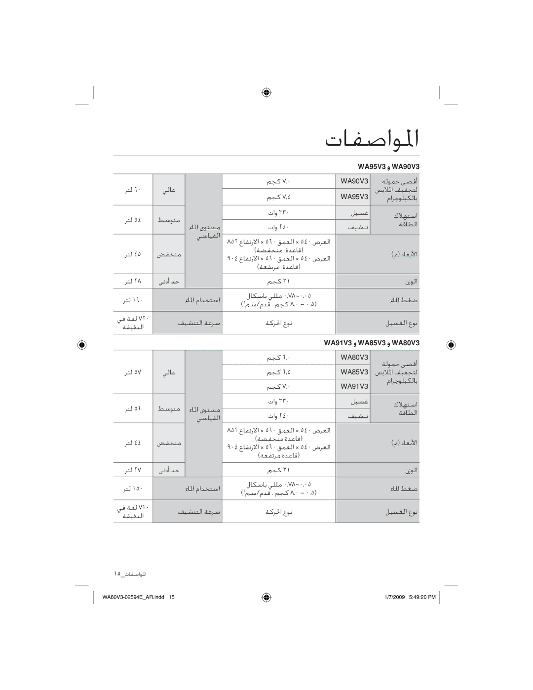 Samsung WA90V3WFP/YL, WA80V3WFP/YL manual ﺕﺎﻔﺻﺍﻮﳌﺍ, WA95V3 ﻭ WA90V3 