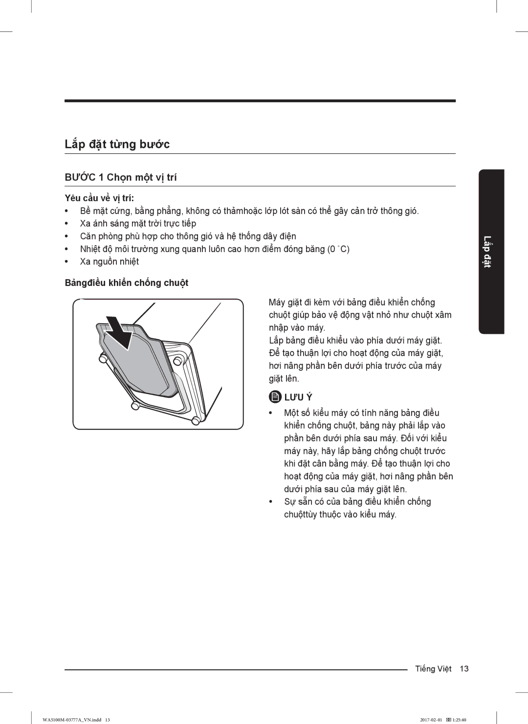 Samsung WA90M5120SG/SV manual Lắp đặt từng bước, Bước 1 Chọn một vị trí, Yêu cầu về vị trí, Bảngđiều khiển chống chuột 