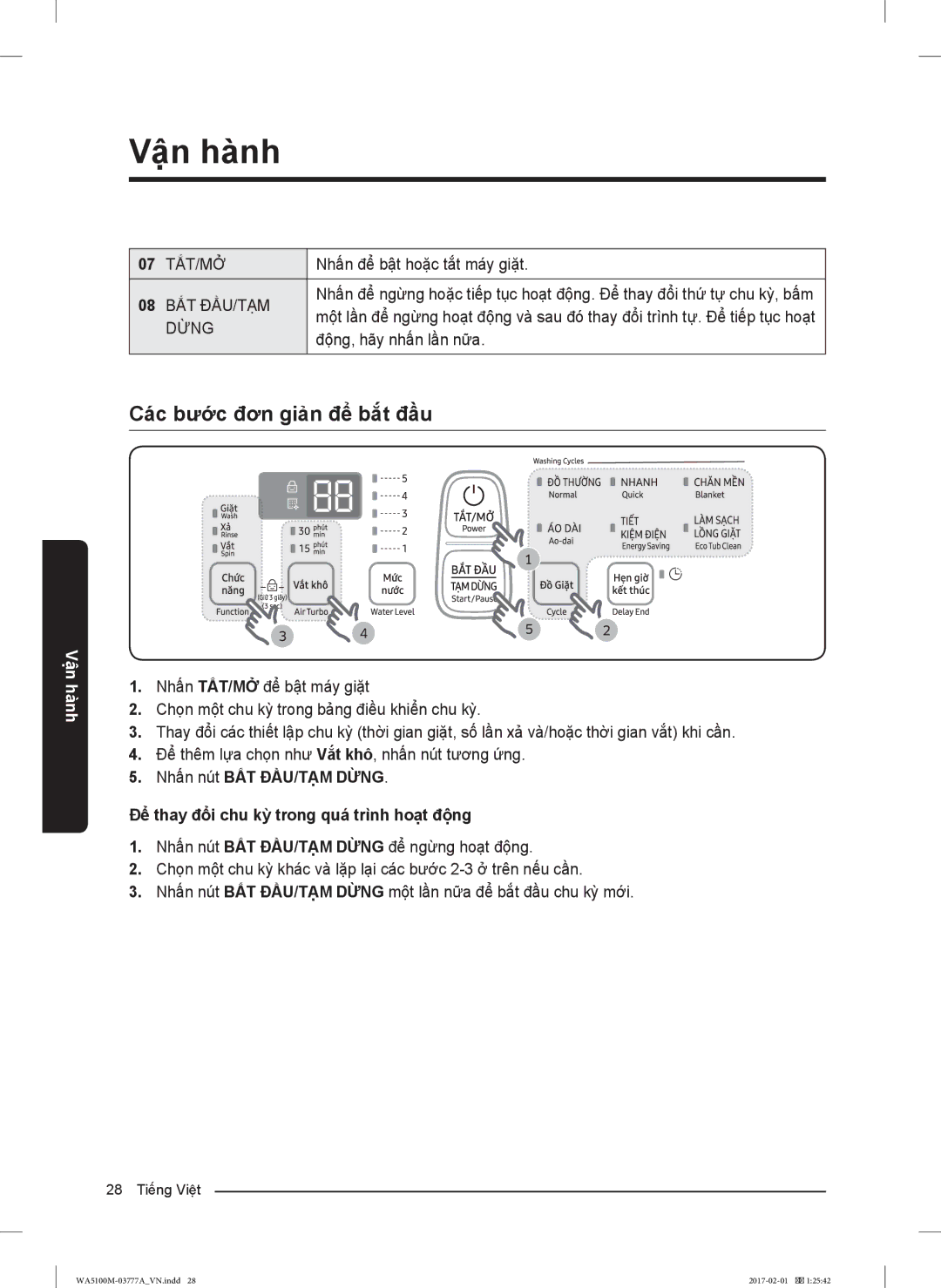 Samsung WA90M5120SW/SV, WA82M5110SW/SV, WA90M5120SG/SV, WA85M5120SG/SV manual Các bước đơn giản để bắt đầu, Bắt Đầu/Tạm 