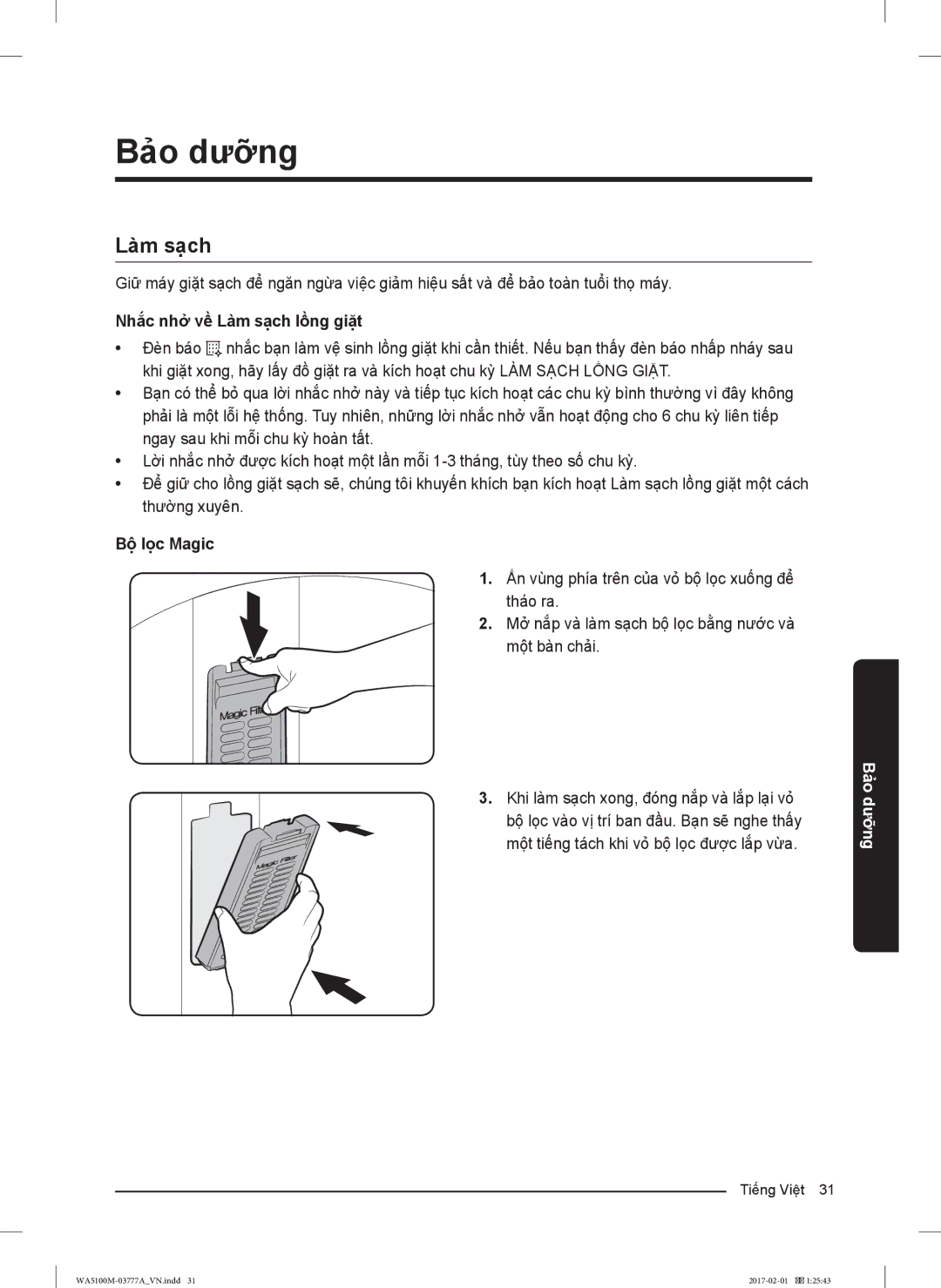 Samsung WA90M5120SG/SV, WA82M5110SW/SV, WA85M5120SG/SV manual Bảo dưỡng, Nhắc nhở về Làm sạch lồng giặt, Bộ lọc Magic 