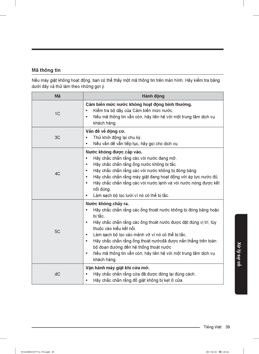 Samsung WA85M5120SW/SV, WA82M5110SW/SV, WA90M5120SG/SV, WA85M5120SG/SV, WA90M5120SW/SV, WA82M5110SG/SV manual Mã thông tin 