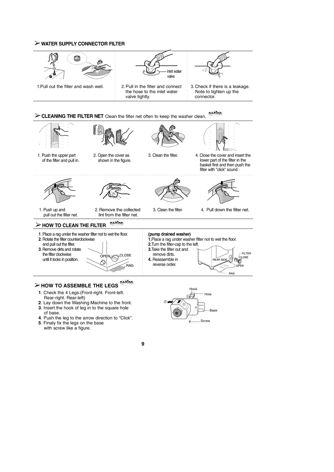 Samsung WA80B5N3GU/XSV, WA87B5N3GU/XSV Water Supply Connector Filter, HOW to Clean the Filter, HOW to Assemble the Legs 