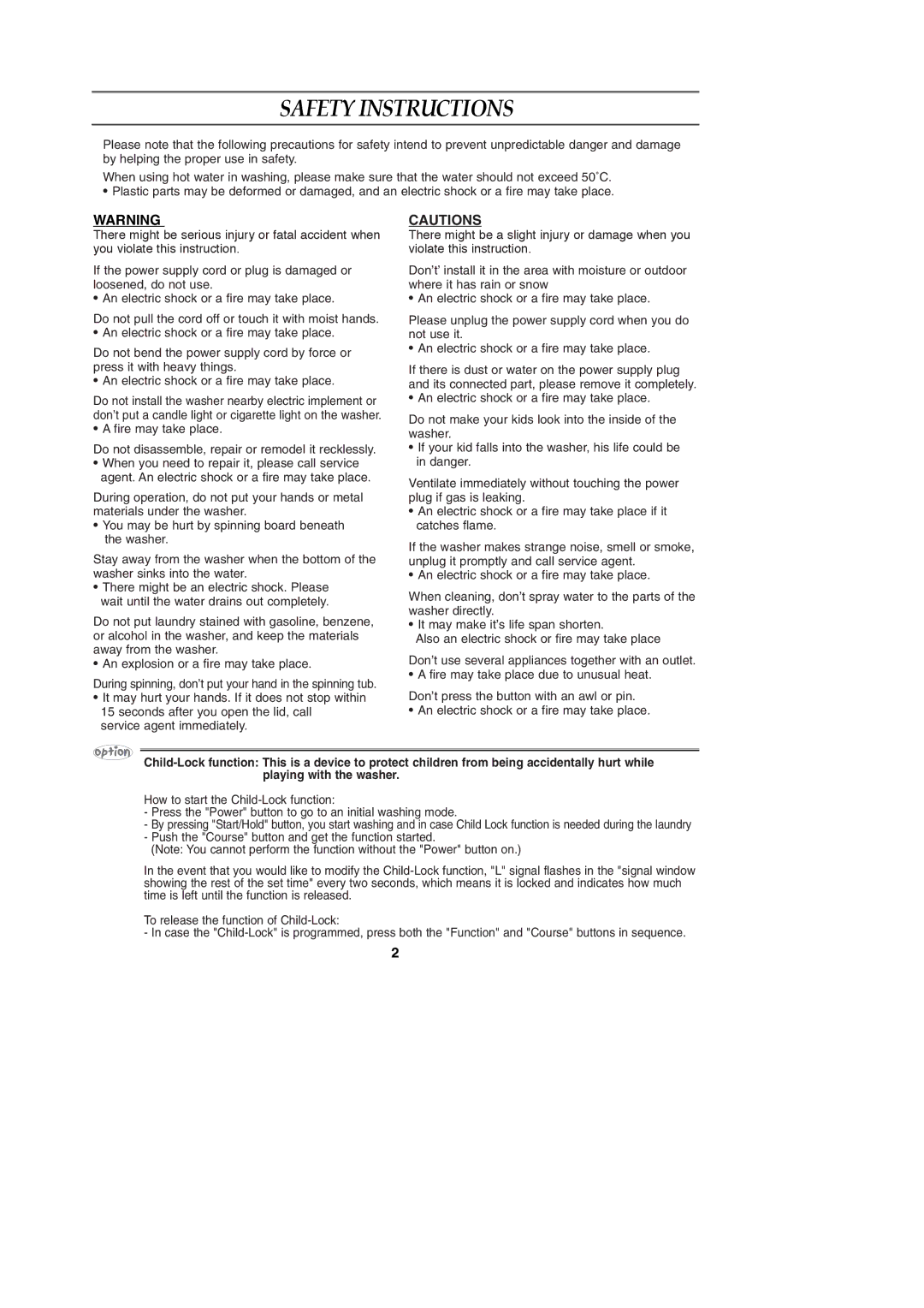 Samsung WA85K5S3EG/XSV, WA87B5N3GU/XSV, WA75B5KEG/XSV, WA80K5SKEG/XSV, WA87B9N3EG/XSV, WA85K5SKEG/XSV manual Safety Instructions 