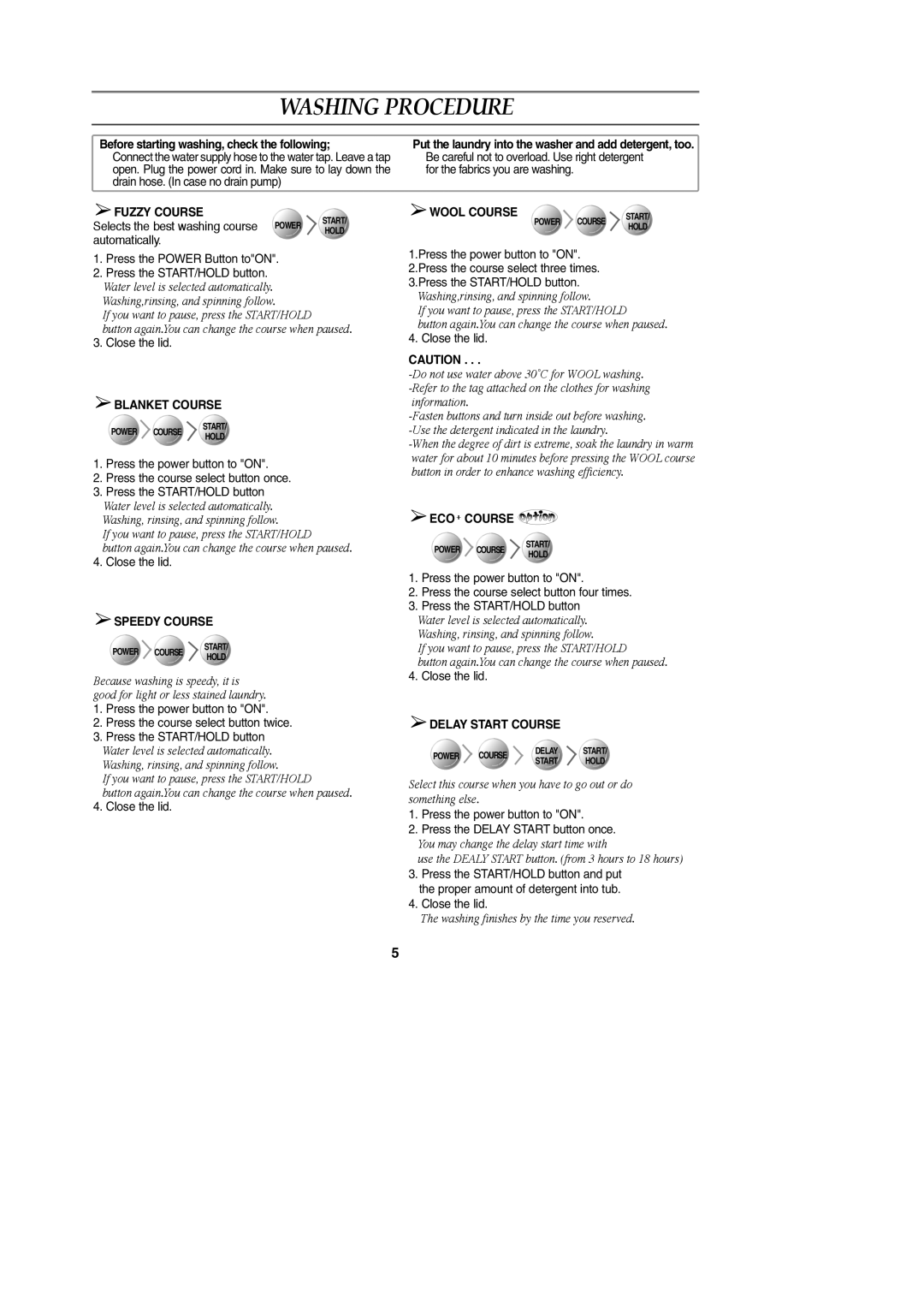 Samsung WA80K5SEG/XSV, WA87B5N3GU/XSV, WA75B5KEG/XSV, WA80K5SKEG/XSV, WA85K5S3EG/XSV, WA87B9N3EG/XSV manual Washing Procedure 