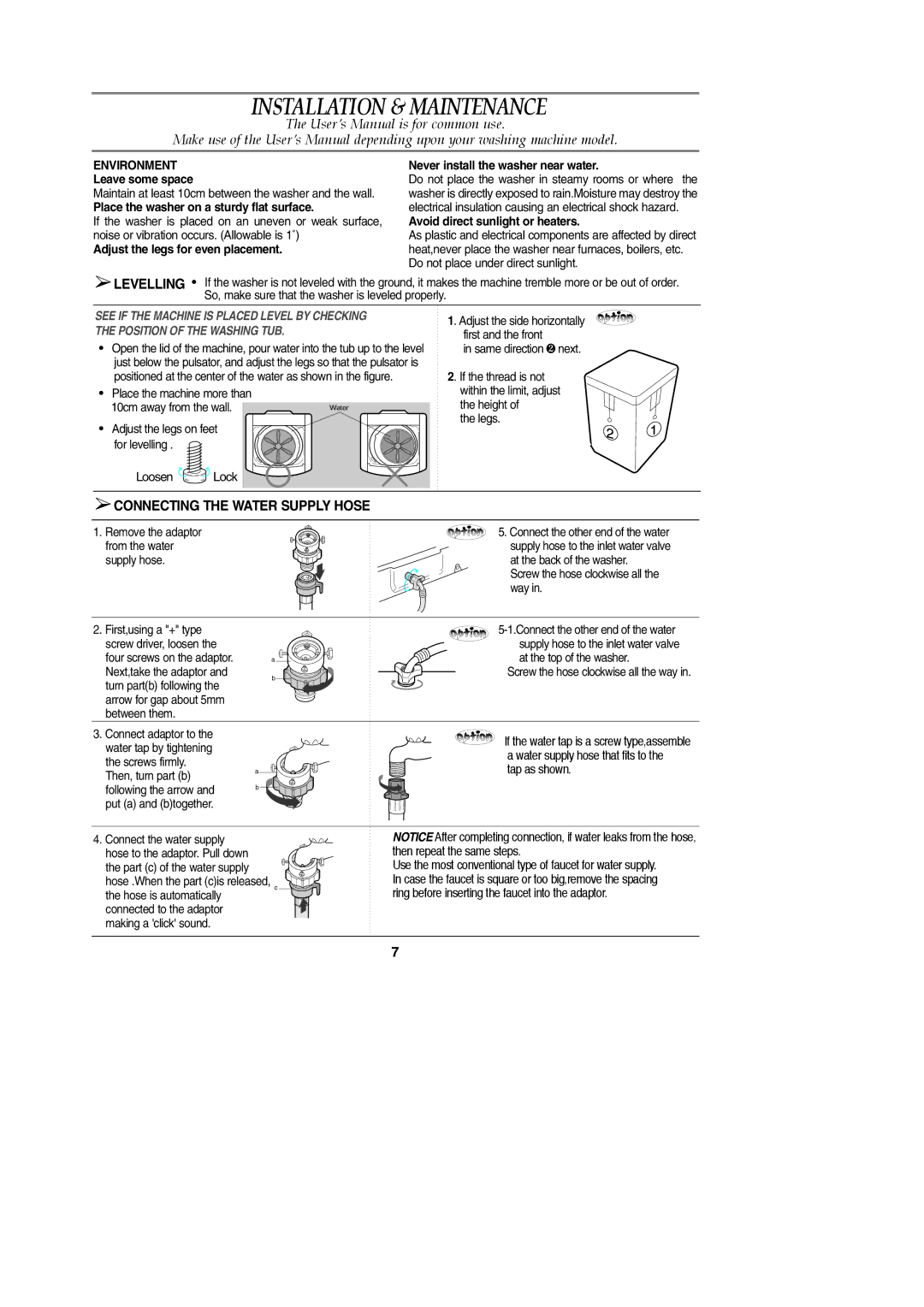 Samsung WA87B9N3CU/XSV, WA87B5N3GU/XSV manual Installation & Maintenance, Connecting the Water Supply Hose, Environment 