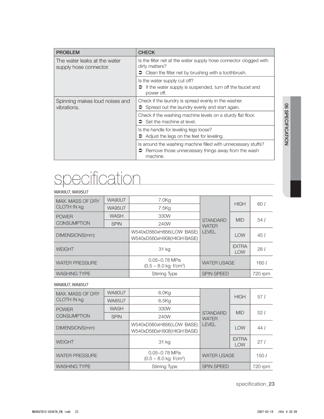 Samsung WA95U7GEC/XSV, WA88U7FEC/XSV, WA90U3GEC/XSV, WA95U7FEC/XSV manual Tqfdjgjdbujpo, Wjcsbujpot 