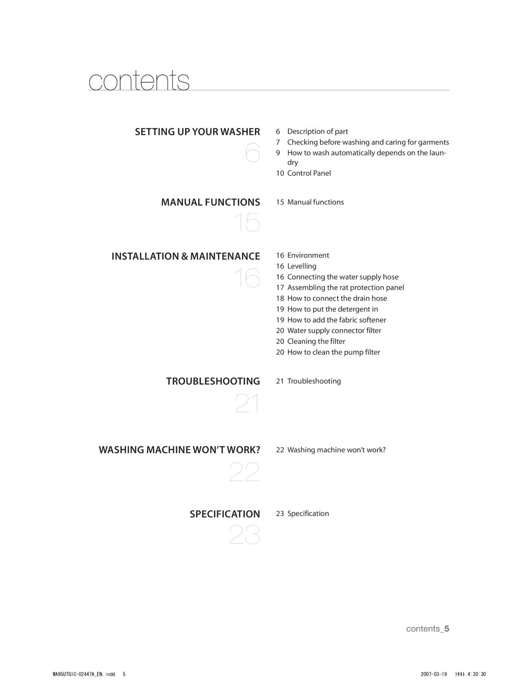 Samsung WA90U3GEC/XSV, WA88U7FEC/XSV, WA95U7FEC/XSV manual Dpoufout, FtdsjqujpoPgQbsu,  PxUpDmfboUifQvnqGjmufs 