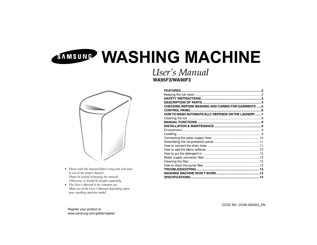 Samsung WA95F3B3EW/XSG, WA90F3Q3DW/YL, WA98F3VEC/XSV, WA90F3Q3EW/YAM, WA90F3WEPU/YAM manual Washing Machine WON’T Work 