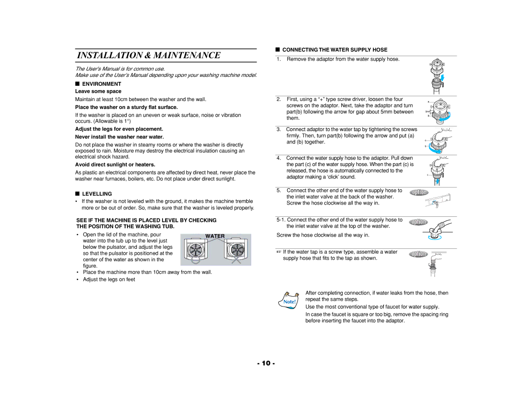 Samsung WA90F3WEPU/YAM, WA90F3Q3DW/YL manual Installation & Maintenance, Levelling, Connecting the Water Supply Hose 