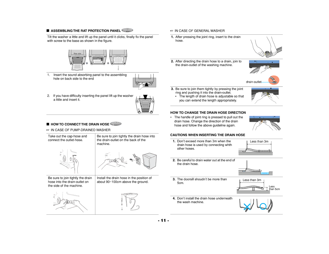 Samsung WA90F3Q3FW/YL, WA90F3Q3DW/YL, WA95F3B3EW/XSG Assembling the RAT Protection Panel, HOW to Connect the Drain Hose 