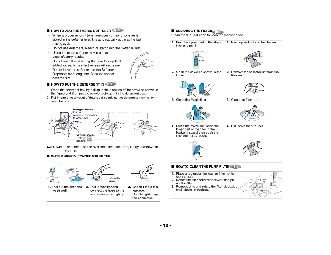 Samsung WA90F3Q3DW/YL manual HOW to ADD the Fabric Softener, HOW to PUT the Detergent, HOW to Clean the Pump Filter 