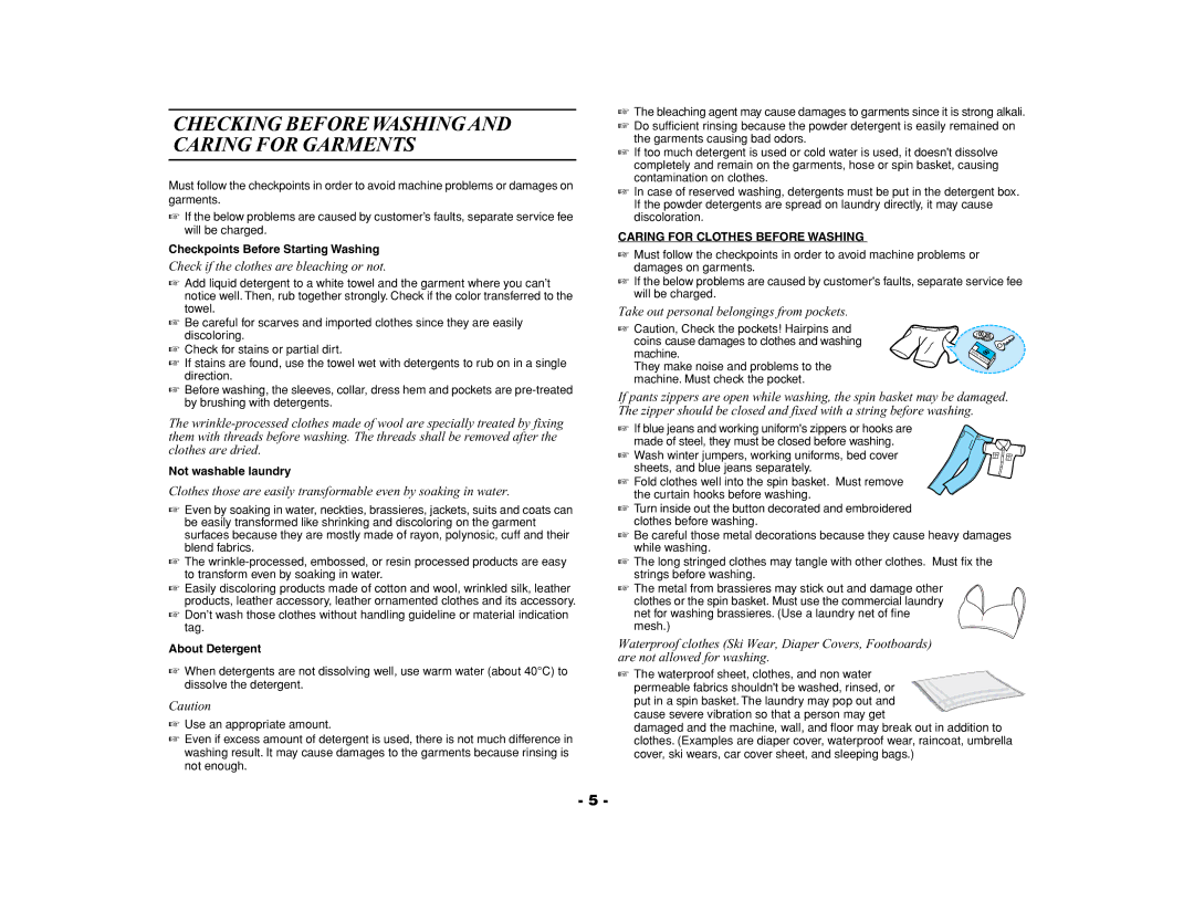 Samsung WA90F3Q3FW/YL, WA90F3Q3DW/YL Checking Before Washing and Caring for Garments, Checkpoints Before Starting Washing 