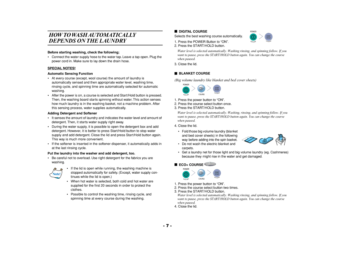 Samsung WA95F3B3EW/XSG, WA90F3Q3DW/YL, WA98F3VEC/XSV, WA90F3Q3EW/YAM manual Special Notes, Digital Course, Blanket Course 