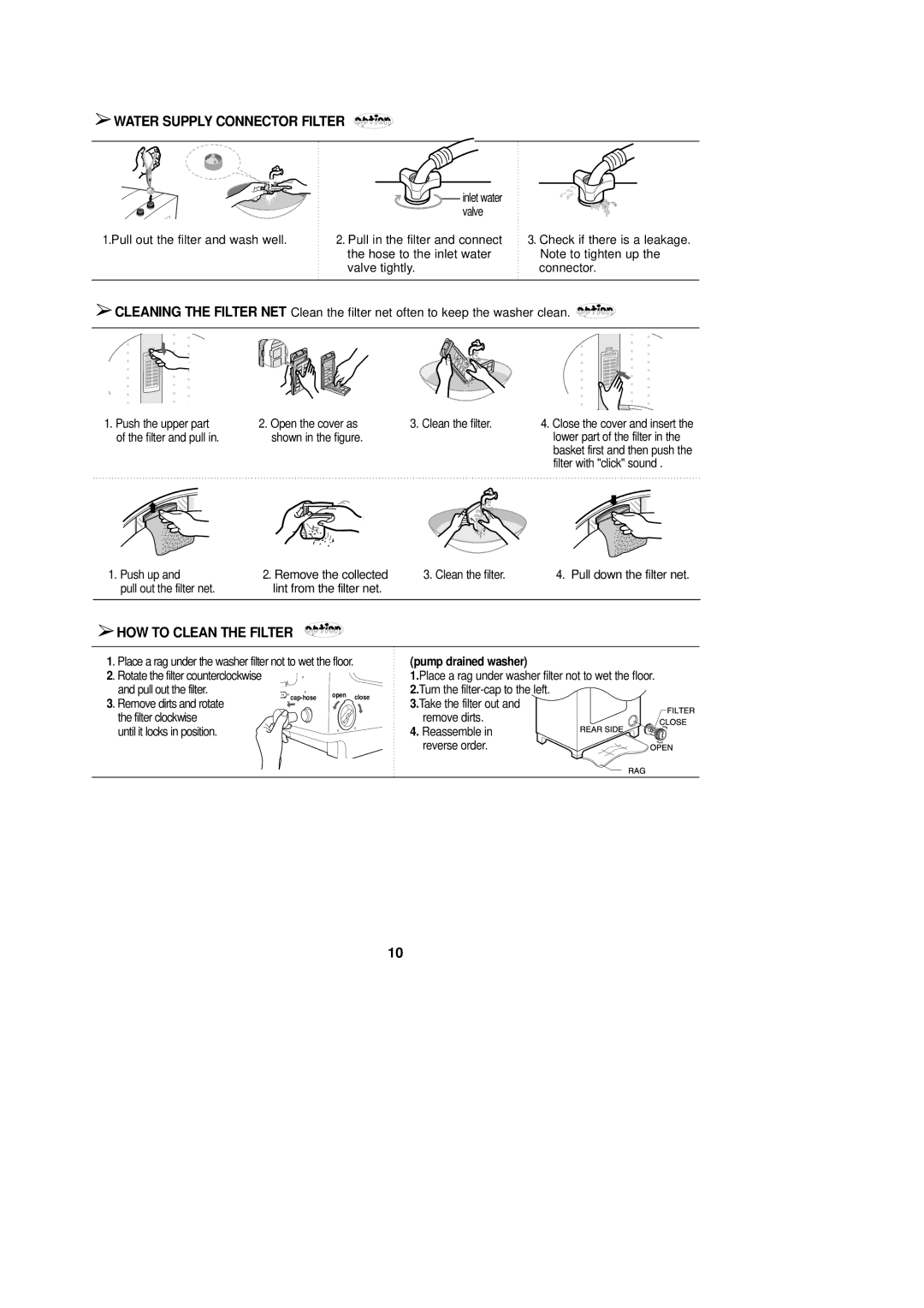 Samsung WA90F3WEPU/YAM, WA90F3Q3DW/YL manual Water Supply Connector Filter, HOW to Clean the Filter, Pump drained washer 