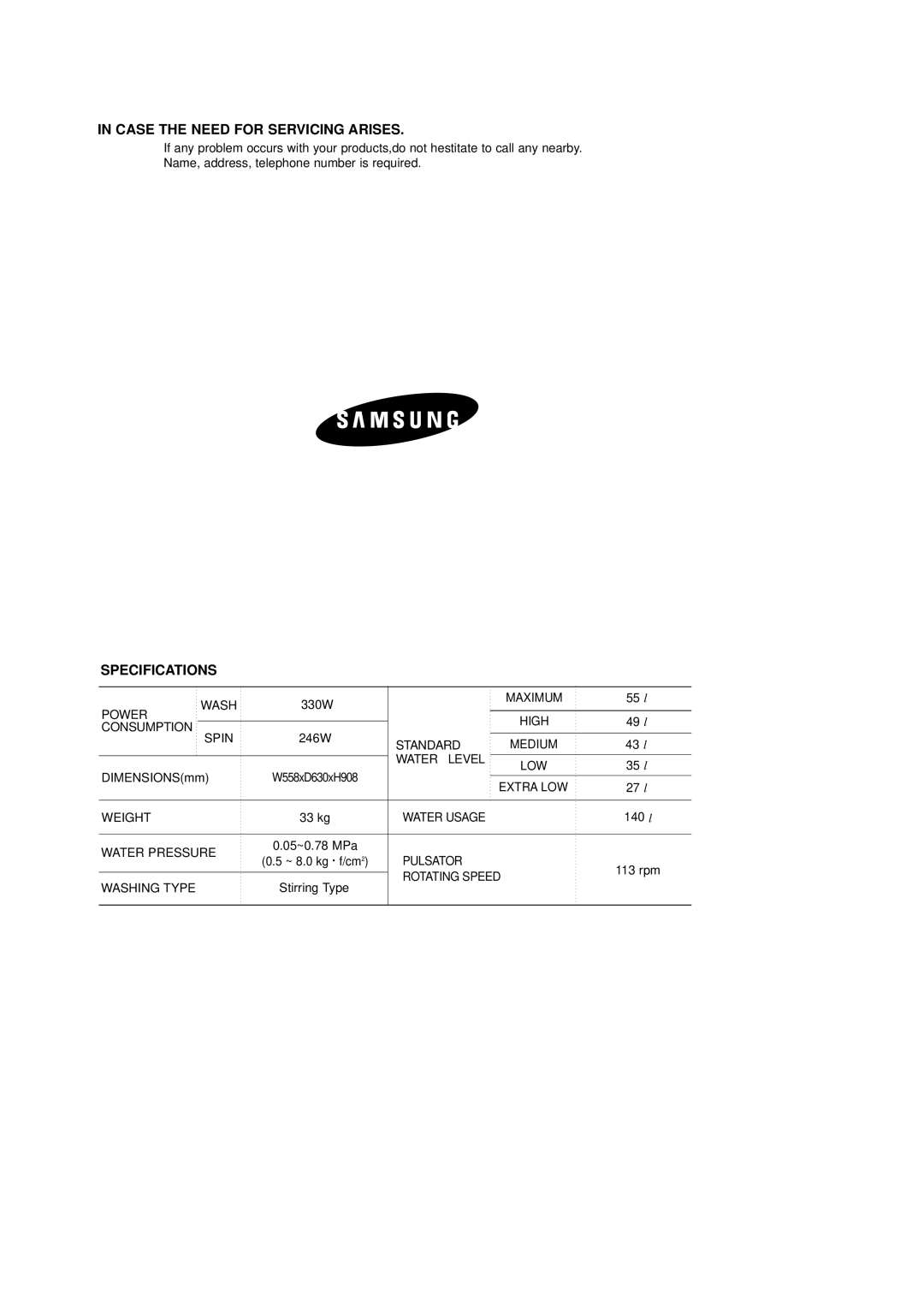 Samsung WA90F3S1/XST, WA90F3Q3DW/YL, WA95F3B3EW/XSG, WA98F3VEC/XSV manual Case the Need for Servicing Arises, Specifications 