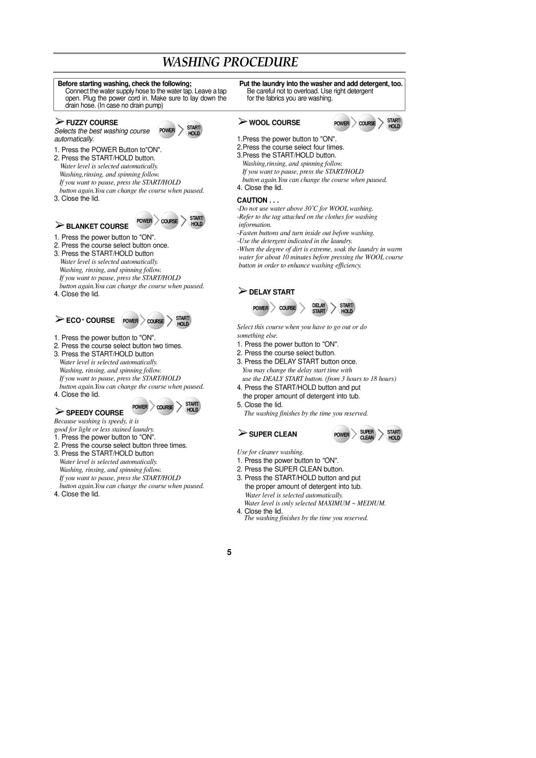 Samsung WA90F3S1/XST, WA90F3Q3DW/YL, WA95F3B3EW/XSG, WA98F3VEC/XSV, WA90F3Q3EW/YAM, WA90F3WEPU/YAM manual Washing Procedure 